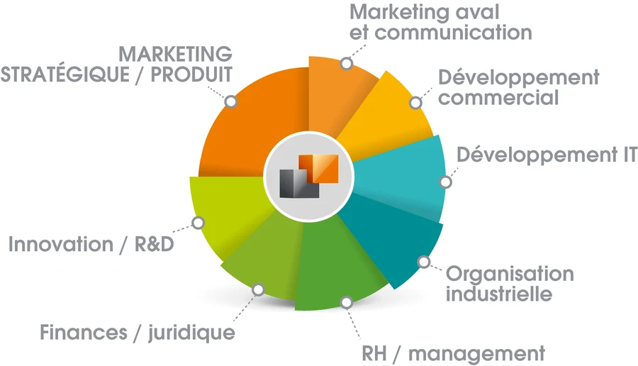 Roue des huit domaines de l’écosystème : marketing stratégique et produit, marketing aval et communication, développement commercial, développement IT, organisation industrielle, RH et management, finances et juridique, innovation et R&D